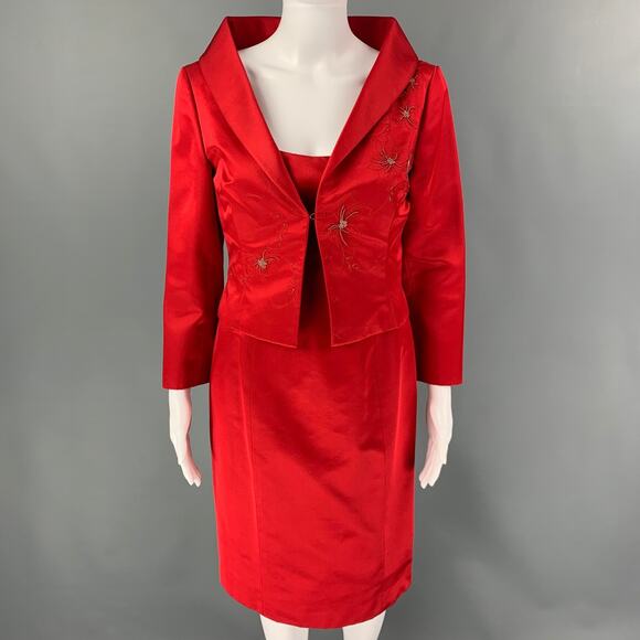 RICHARD TYLER Couture Size 8 Red Silk Rayon Beaded Knee-Length 2 Piece Set - Picture 1 of 1